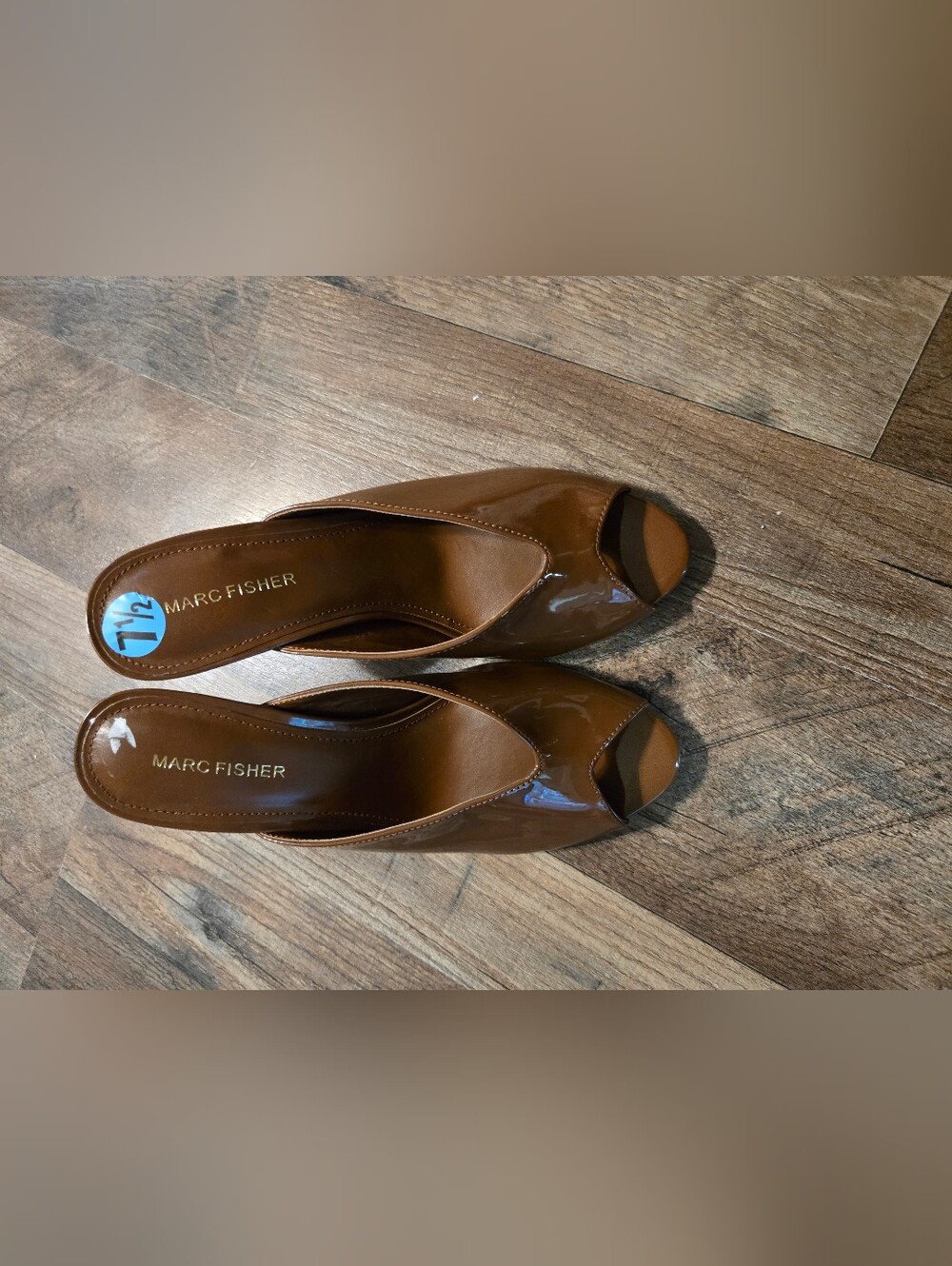 Marc Fisher Brown Patent Leather Open-Toe Mules